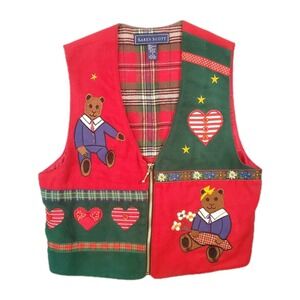 Karen Scott Christmas Holiday Vest Teddy Bears & Hearts Size S Lightweight Zip